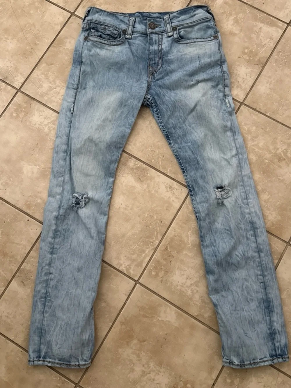 True Religion Mens Ricky Relaxed Straight Distressed Acid Wash Denim Jeans Sz 31